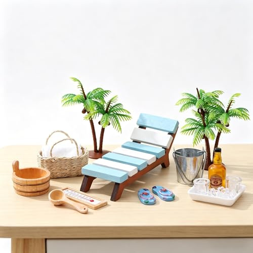 11 Stück Puppenhaus Zubehör Wichtel Zubehör Sommer Miniatur Deko Miniatur Zubehör Mini Liegestuhl Deko Klein Miniatur Garten Strandkorb Deko Miniatur Möbel Miniaturen (G: Sauna-Set)