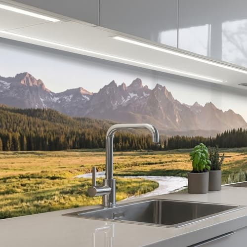 KitchenYeah© Spritzschutz Küche Küchen Rückwand Küchendeko Wand Wandschutz | 60x300 cm - Selbstklebend Backsplash Kitchen Peel And Stick Berglandschaften - Fluss - Wald