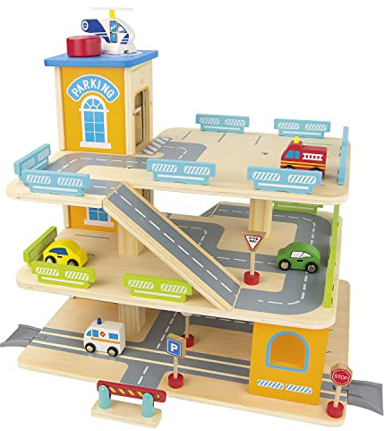 Bayagu Garage Giocattolo a 3 Piani con Ascensore | Con ascensore manuale, rampe, eliporto, segnaletica e 4 macchinine. Ideale per gioco creativo e regalo.
