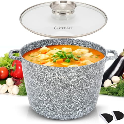 EliteHoff Pentola da cucina antiaderente con coperchio, pentola per zuppa in alluminio, pentola a induzione in marmo grande, pentola a induzione per tutti i tipi di cucine (grigio, 10L Ø 28 cm)