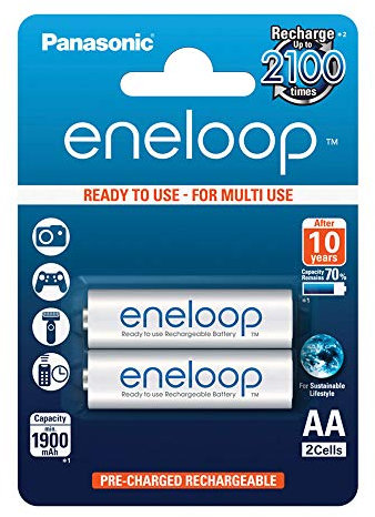 Panasonic eneloop, Ready-to-Use Ni-MH Akku, AA Mignon, 2er Pack, min. 1900 mAh, 2100 Ladezyklen, starke Leistung und geringe Selbstentladung, wiederaufladbare Akku Batterie