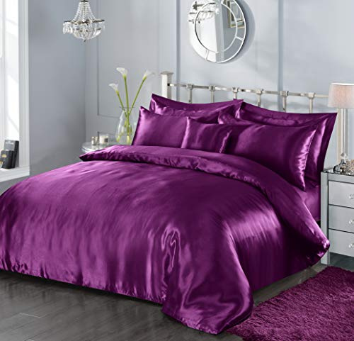 7 Piece Satin Sheets Super Soft Shiny Bedding Sets, 1 x Duvet Cover, 1 x Fitted Bed Sheet, 4 x Pillow Cases, 1 x Cushion Cover, Full Complete Bed Set (Aubergine Purple, Super King)