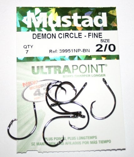 Mustad Fishing Hooks, Demon Circle Fine 39951NP-BN, size 2/0, 7 pieces