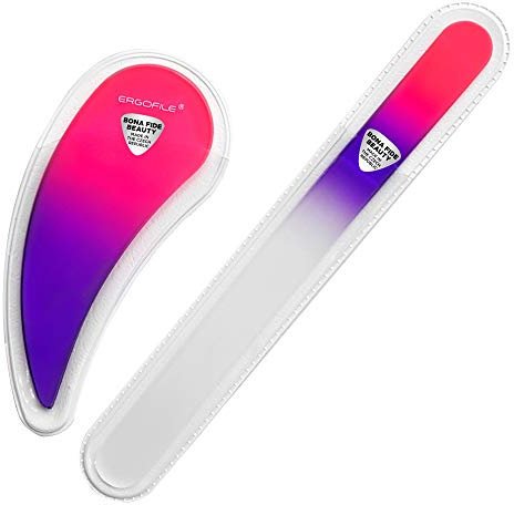 Bona Fide Beauty Glass Nail File Manicure Set, 2-Pieces Comfort Grip Ergonomic Drop Ergofile Czech Glass in Sleeves