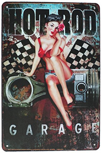 Hioni Hot Rod Garage Pin-up Girl Vintage Metall-Blechschild, Vintage-Poster, Wanddekoration
