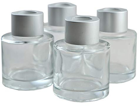 Ougual Set of 4 Cylindrical Round Glass Essential Oils Diffuser Bottles (50ML, Silver Cap)
