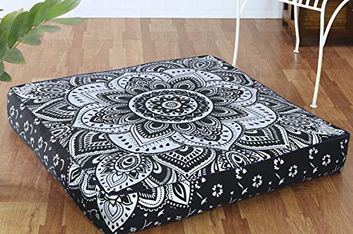 Popular Handicrafts Indischer Hippie-Mandala-Bodenkissenbezug, quadratisch, Ottoman, Tagesbett, übergroß, Baumwolle, mit strapazierfähigem Reißverschluss, Sitzkissen, Hundebett, Haustierbett, 88,9 cm