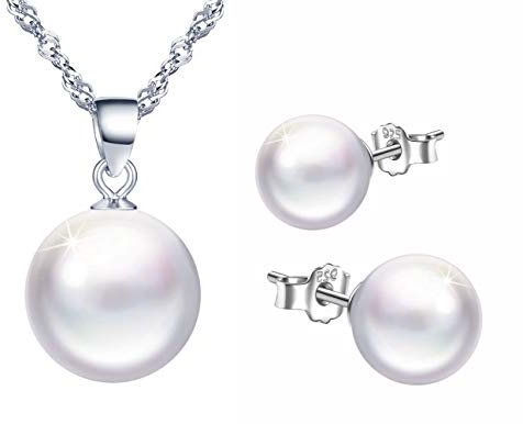 Yumilok 925 Sterling Silber Damen Halskette Kette mit Perlen Anhänger Ohrstecker Ohrringe Piercing Ohrhänger Schmuck Set für Frauen Mädchen