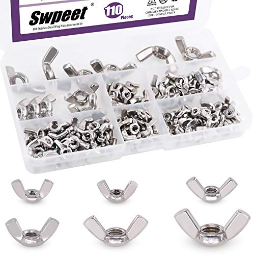 110 dadi a farfalla in acciaio inox 304 seghettati metrici a forma di farfalla, kit assortito, 6 misure – M3 M4 M5 M6 M8 M10
