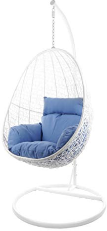 Kideo® Komplettset: Hängesessel mit Gestell & Kissen, Indoor & Outdoor, Poly-Rattan, Lounge (Gestell- und Korbfarbe: weiß, Kissen: blau Nest (3070_royal_Blue))