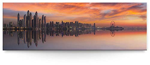 Eindrucksvolles XXL Panorama Wand-Bild Skyline Dubai Night als Leinwandbild mit 150x50cm. Setzen Sie Ihr Wohnzimmer, Schlafzimmer mit diesem Motiv perfekt in Szene