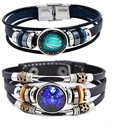 2Pcs Multilayer Constellation Zodiac Leather Bracelet Handmade Woven Zodiac Sign Wrap Bracelet Wristband for Women Men Jewelry Birthday Gift, 8.26 inches, 8.5 inches, Leather, no gemstone