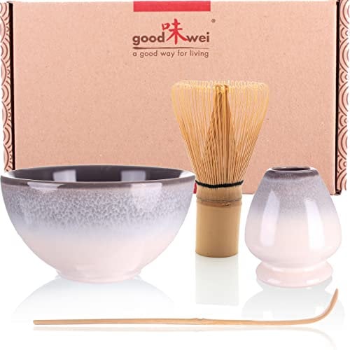 Goodwei Matcha Set komplett mit Matchabesen, Matcha Löffel und Matcha Schale aus Keramik mit Besenhalter im passenden Design | Kunstvoll gefertigte Teeschale Chawan (Kiri, 80)