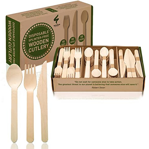 Weemium Juego de cubiertos desechables de madera, 300 unidades (100 tenedores, 100 cuchillos, 100 cucharas), alternativa ecológica al plástico, utensilios biodegradables y sin astillas, para