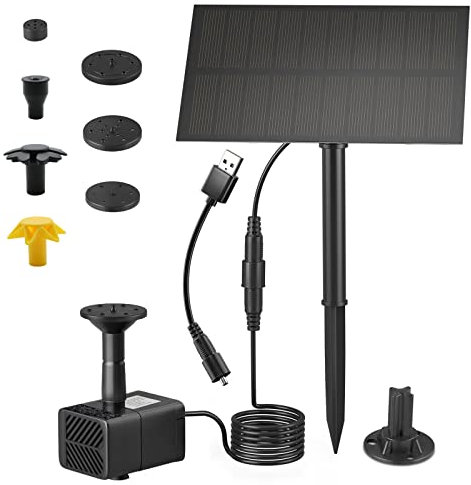 Ymenow Fontaine solaire, kit de fontaine de bassin avec panneau solaire, pompe à eau, 7 pulvérisateurs et câble USB pour jardin extérieur bain d'oiseaux piscines abreuvoir pour animaux de compagnie