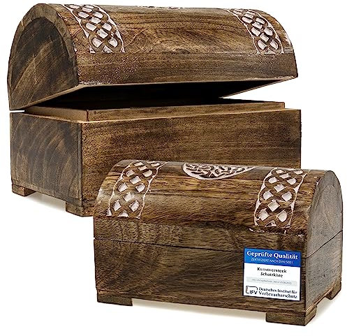 Kunstversteck Schatztruhen Schatzkisten 2-er Set Celtic-Box, massive Holz-Schatulle white wash, 23 cm und 19 cm