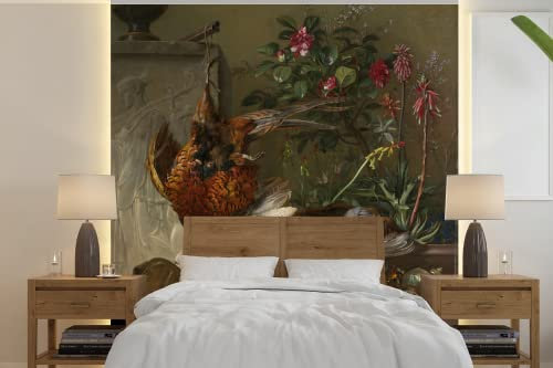Selbstklebend Tapete Wandpapier Wandaufkleber Fototapete Tapeten Wanddeko 350x350 cm Stilleben mit Jagdgeschirr und griechischer Stele: Allegorie des Herbstes - Gemälde von G.J.J Van Os