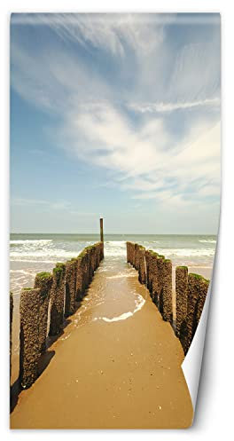 Feeby Türtapete selbstklebend Strand Wellen Meer 100x200 cm Türposter Türsticker Fototapete Wohnzimmer Schlafzimmer Kinderzimmer Büro Wellenbrecher Sand Beige