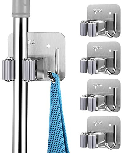 Rose Kuli 4 Pièces Porte Balai, Broom Holder Ajustable, Fixation murale, vis et auto - adhésif, Mop Support avec Crochets pour Cuisine Salle de Bain Jardin