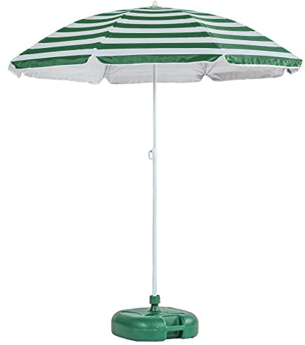 Harbour Housewares Green Striped Beach Parasol with Base - 1.74 x 1.93m - UPF 50+ Portable Garden Umbrella with Green Base Lightweight UV Sun Protection Umbrella for Picnics, Garden and Beach Days