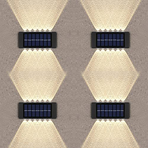 Leehui 4 Pack Solar Wall Lights Outdoor, 12 LED Waterproof Solar Fence Lights Up and Down Wall Lamps for Garden Decoration, Fence, Yard, Front Door, Pathway (12 LED Warm White, 4 Pack)