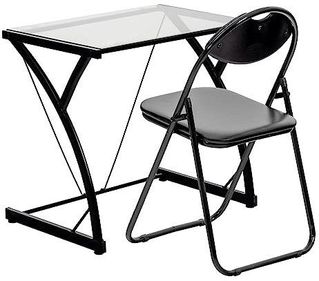 Harbour Housewares Glass Top Computer Desk & Chair - Black/Black Modern PC Workstation Glass Table Desks Notebook Laptop Office Desk with Folding Chair Seat for Home Study, Office
