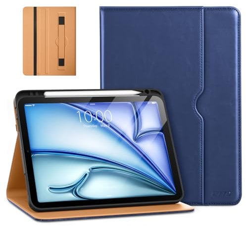 DTTO Custodia per iPad Air 11 M3/M2 (2025/2024), iPad Air 5a/4a generazione (2022/2020), custodia a portafoglio in pelle di alta qualità con supporto per matita - Auto Sleep/Wake, blu navy