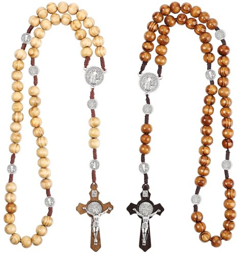 Otuuz 2 Stück Holz Rosenkranz Ketten Katholischer Rosenkranz Jesus Kreuz Kette Handgemachter Kreuz Religion Schmuck Handgehalten Gebetskette für Kommunion Taufe Konfirmation Auto