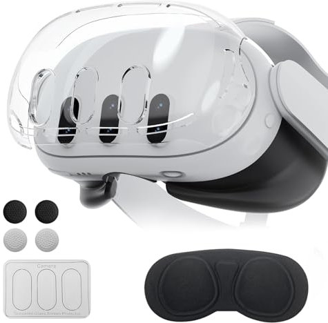 Olycism Schutzhülle Kompatibel mit Meta Quest 3, für Meta Quest 3 stoß- und kratzfeste Hülle hochtransparente Hülle mit 1 x Headset-Abdeckung 3 x Kameraobjektiv aus gehärtetem Glas 4 x Joystick-Kappen