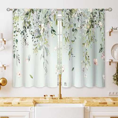 oolygoo Küchenfenstervorhänge, Eukalyptus, botanisches Motiv, Blätter, florales Muster, Schmetterling, Landhausstil, Blume, Blatt, kleine Fensterdekoration, salbeigrün, Kurze Vorhänge für Badezimmer