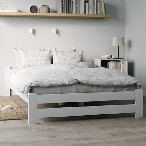 Holzbett 160x200 cm mit Lattenrost Modern Bett Bed Kiefer Massiv Bettgestell Doppelbett Massivholzbett Klassisch | Komfortabel & Langlebig | Skandinavisch Boho Landhaus Kopfteil flach weiß