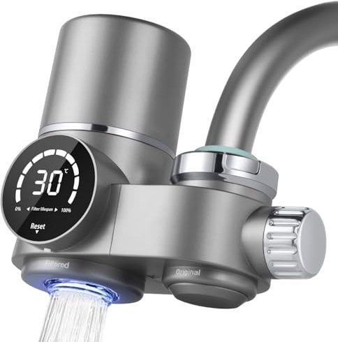 HOTUT Wasserfilter für Wasserhahn, Edelstahl Leitungswasserfilter, Wasserfilter Trinkwasser Mit Blaulicht, Trinkwasserfilter für Entfernt Chlor, Schwermetalle und Schlechten Geschmack