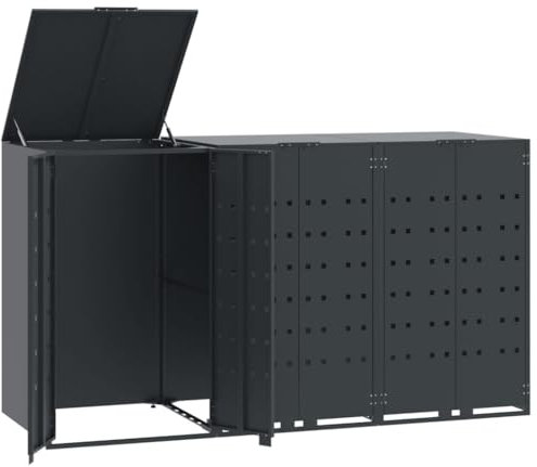 vidaXL Wheelie Bin Storage for 3 Bins - Anthracite Steel, Gas-Spring Lid, Magnetic Doors, Ventilated Panels, Expandable Design - 207 x 79 x 117 cm