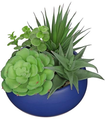 Arborus Piante grasse artificiali da 17 cm, in vaso, per interni, in vaso di ceramica blu, pianta finta realistica in vaso, per davanzale della finestra, tavolo da ufficio, casa, bagno, soggiorno,