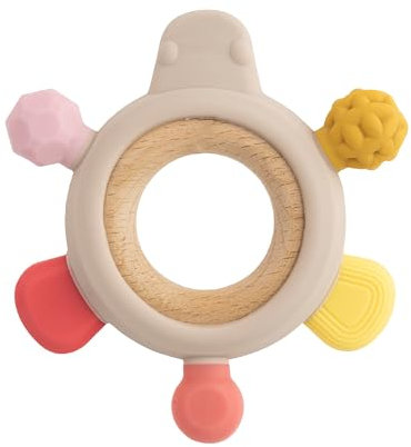 babynova Beißring aus Holz und Silikon – Babyspielzeug für Babys ab 3 Monate – Linderung von Zahn- und Zahnfleischschmerzen – Frühe Entwicklung der Motorik – BPA-frei – Gelb-Rosa