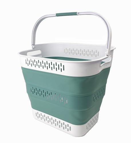 SAMMART 40L Zusammenklappbarer Wäschekorb aus Kunststoff mit Griffen – faltbarer Pop-Up-Aufbewahrungsbehälter/Organizer – tragbarer Wäschesammler – platzsparend (1, Weiß/Seladongrün)