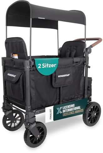 WONDERFOLD W2 Luxe Pro Kinderwagen (2-Sitzer) – zusammenklappbarer Wagen mit Sitzen, 5-Punkt-Sicherheitsgurten und verstellbarem Sonnendach (Schwarz (Jet Black))