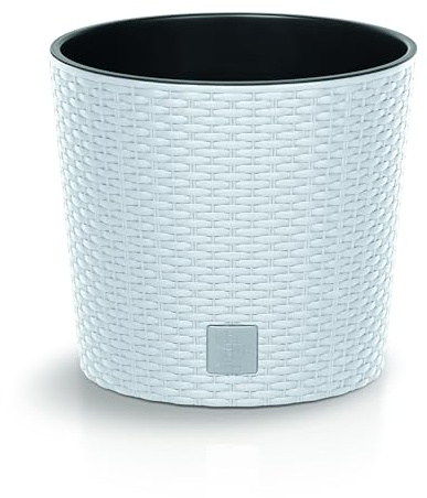 DIKEL Pot de fleurs, diamètre : 40 cm, aspect rotin et insert résistant aux intempéries, pots de fleurs pour un design intérieur et extérieur élégant, pour moins de terre et un entretien facile, blanc