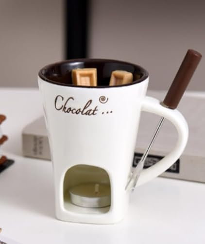 Gwezmxs Keramik Schokofondue Tasse Set mit Gabel - 200ml, Weiß