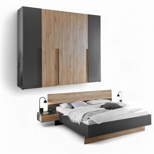 Stella Trading ASKA Schlafzimmer Komplett-Set in Graphit, Mauvella Eiche Optik - Schlafzimmer Möbel-Set 2-teilig bestehend aus Kleiderschrank & Bettanlage