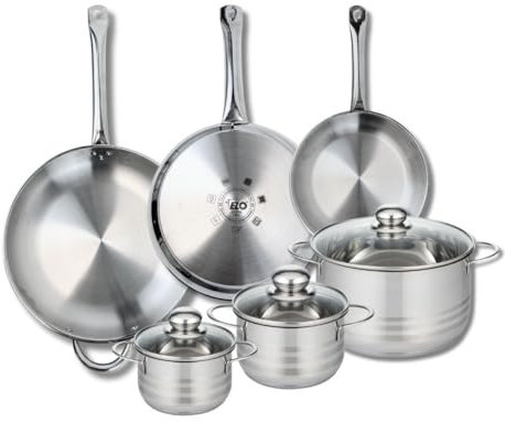 ELO 9886750 Batterie de cuisine 6 pièces, Ensemble de 3 Poêles de cuisson 24, 28 et 32 cm et 3 faitouts 14, 16 et 24 cm Elo Profi Brillant, inox, induction