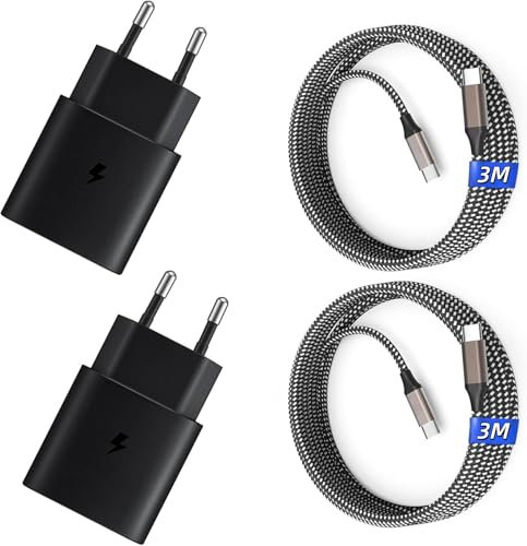 25W Chargeur USB C Secteur Charge Rapide pour Samsung Galaxy S25/S24/S23/S22/S21 Ultra/S20/S20+/Note 20/10/9/8/A73/A53/A52/S10/S9 et 1,8M Câble (25W-Nylon-Noir-3M)