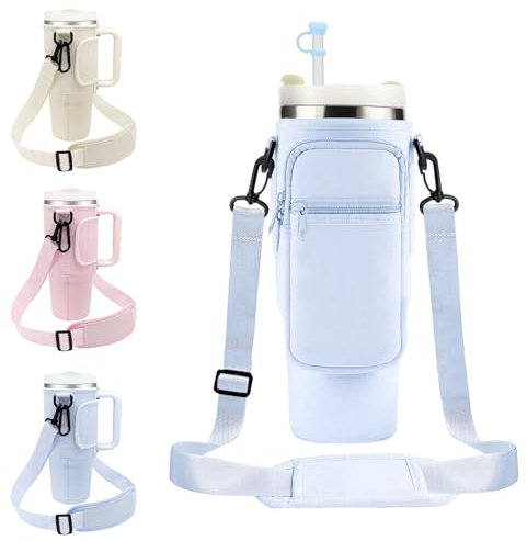 EOAMGO Stanley Cup Bag 40oz, Water Bottle Bag with Phone Pocket & Adjustable Shoulder Strap, Stanley Cup Holder with Straw Cover for Walking Travel (Blue, 40oz)
