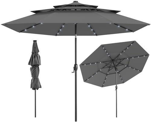 COSTWAY 3M 3-Tier Garden Parasol, Heavy Duty 8-Ribs Solar Patio Umbrella with 32 LED Lights, Crank Handle & Tilt Function, Outdoor UV Protective Canopy Sun Shade (Gray, no Ruffled Edge)