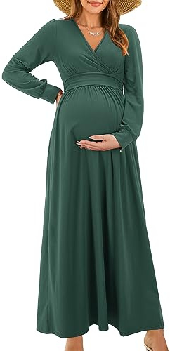 OUGES Robe Longue Maxi à Manches Longues et Col en V avec Poches Collection pour Femmes Enceintes et Allaitantes-L