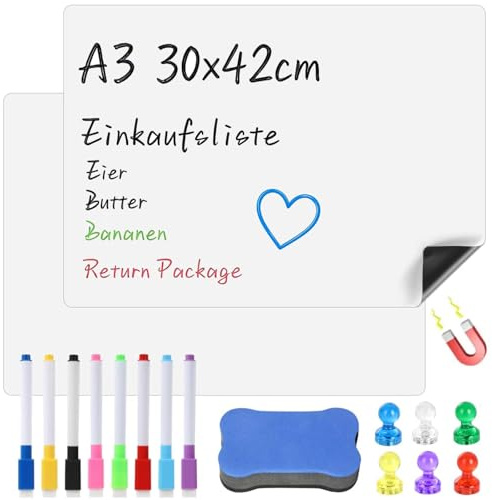 2 Stücke A3 Whiteboard Folie Selbstklebend, Mini Whiteboard Magnettafel | White Board Kühlschrank 30x42cm, Whiteboard Klein mit 8 Marker 1 Wischer & 6 Magnete für Büro Küche & Homeoffice
