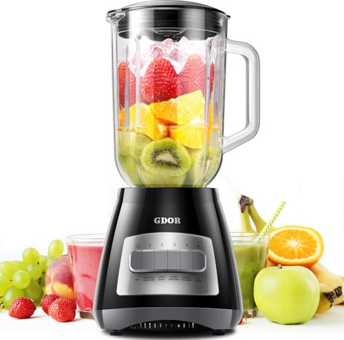 GDOR Blender for Kitchen, 700W Peak Power Smoothie Blender with 1.5L Glass Jug,9 Functions with 5 Speeds for Smoothie,Milkshakes, Puree, Crush Ice, and Chop