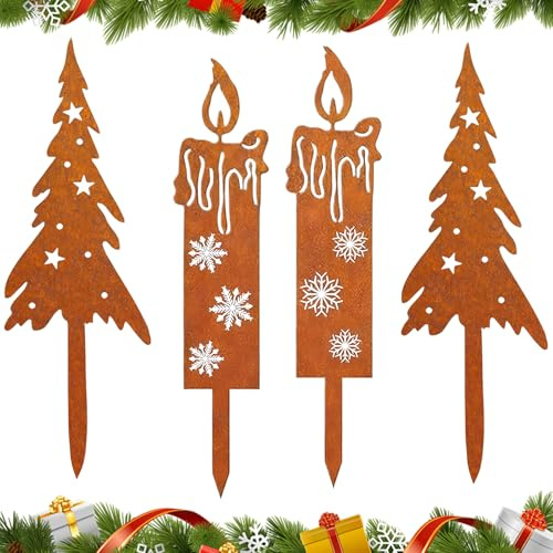 exatta 4 Stück Gartenstecker Weihnachten,Blumenstecker Weihnachten | Rost Weihnachtsdeko,Roststecker Weihnachten,Weihnachtsstecker Outdoor,Rost Weihnachtsbaum Kerzen Weihnachten,RostDekostecker