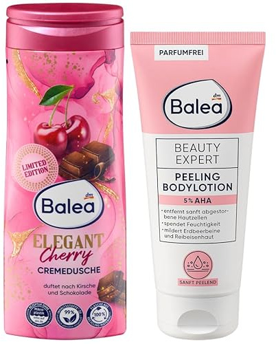 Balea 2er-Set Hautpflege: Duschgel Elegant Cherry Cremedusche duftet nach Kirsche & Schokolade, 300 ml + Peeling Bodylotion Beauty Expert 5% AHA entfernt sanft abgestorbene Hautzellen, 200 ml (500 ml)