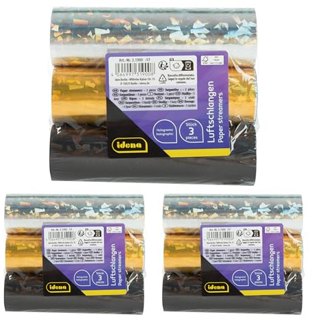 Idena 90429 - Hologramm Luftschlangen, 9 Rollen mit je 18 Abrissen in Gold, Schwarz und Silber, aus FSC-zertifiziertem Papier, als Party Deko oder zum Geburtstag